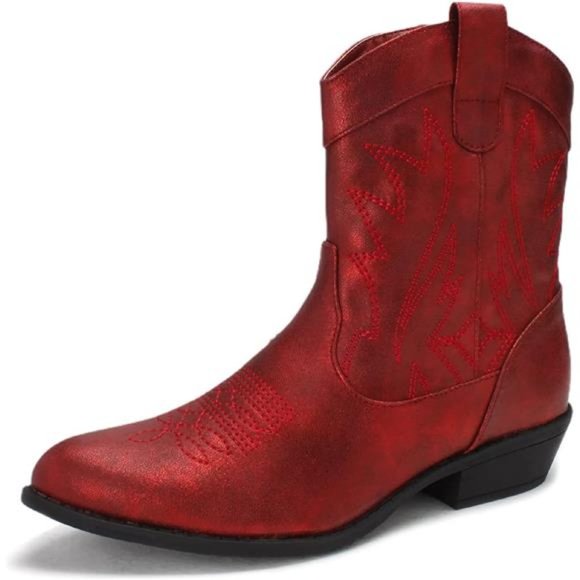 Shoes - Women's Western Cowgirl Cowboy Ankle Boots, Metallic Red